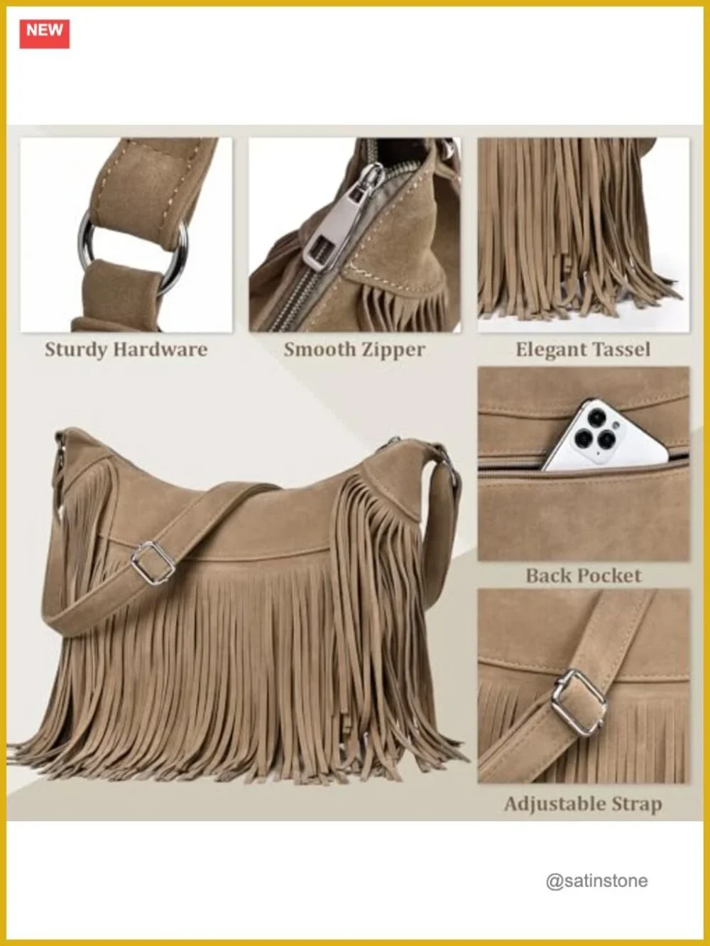 Vegan Suede Hobo Crossbody Bag with Fringe, Adjustable Strap, Multi-Pocket